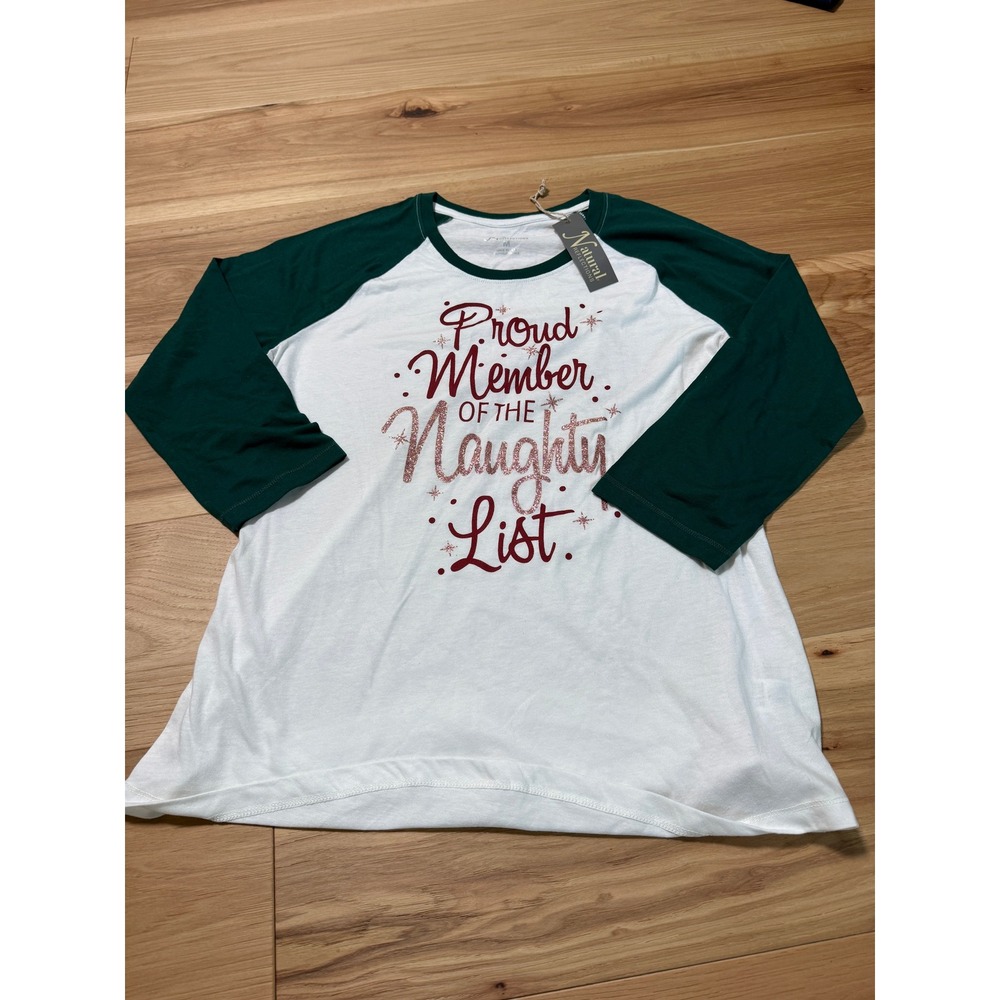 Natural Reflections Raglan Tee Women Medium White Green Naughty List Christmas